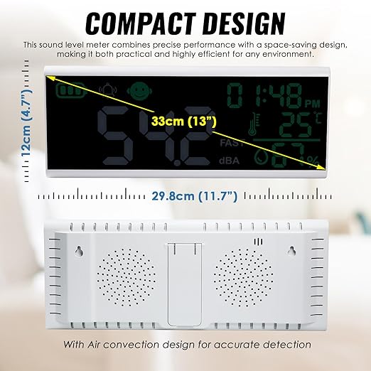 Decibel Meter 13 inches 30~130dB Sound Level Meter, Large LCD Display Wall Hanging Sound Gauge, Noise Level Detector, Decibel Monitoring Device, Time, Temperature, Humidity for Studio Classroom Home
