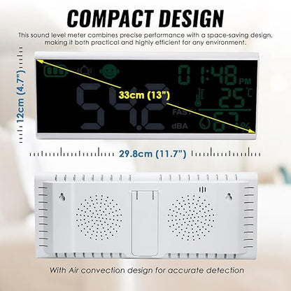 Decibel Meter 13 inches 30~130dB Sound Level Meter, Large LCD Display Wall Hanging Sound Gauge, Noise Level Detector, Decibel Monitoring Device, Time, Temperature, Humidity for Studio Classroom Home
