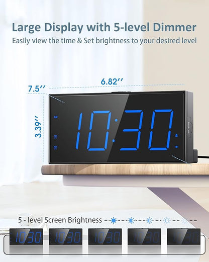 Roxicosly Loud Alarm Clock with Bed Shaker, Vibrating Alarm Clock for Heavy Sleepers/Hard of Hearing/Deaf/Teens, Dual Alarms with 7.5’’ Large LED Display, USB Charger, Dimmer, Snooze & Battery Backup