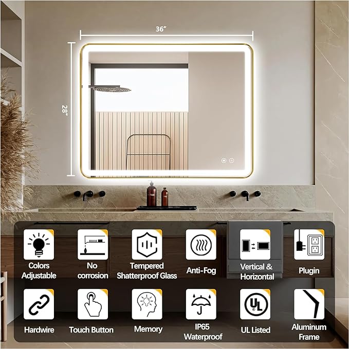 Rectangle LED Bathroom Mirror, 36"x28" Anti-Fog Double Touch Lighted Wall Vanity Mirror 45° Beveled Metal Frame Stepless Adjustable Color Temperature Smart Mirror 3000K-6000K, Gold