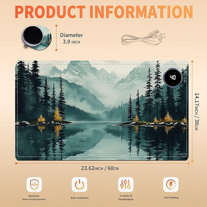 Heated Mouse Pad 23.6 x 14 in 3-Temp Fast Heating Desk Mat with Auto Timer Warmer for Hands Wrist Pain Relief Waterproof Keyboard Mat for Office, Gaming, Home, Forest Reflections