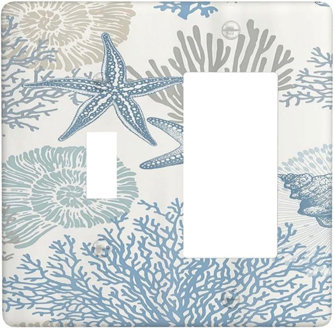 Decorative Outlet Covers Blue Starfish Coral Seaweed 2 Gang Wall Plate Single Toggle 1 Rocker Light Switch Cover Switch Plate Covers for Bathroom Bedroom Home Decor