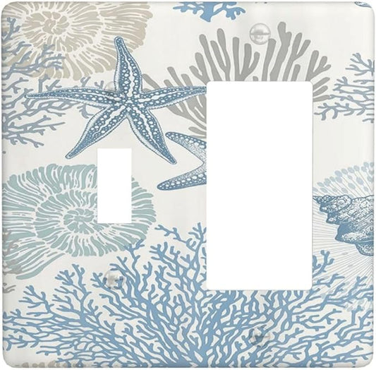 Decorative Outlet Covers Blue Starfish Coral Seaweed 2 Gang Wall Plate Single Toggle 1 Rocker Light Switch Cover Switch Plate Covers for Bathroom Bedroom Home Decor