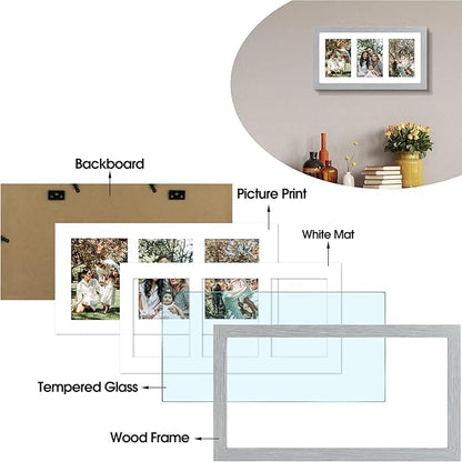 Golden State Art, Set of 10, 9x18 Grey Wood Frame - White Mat for Three 5x7 Pictures - Sawtooth Hangers- Swivel Tabs - Wall Mounting - Landscape/Portrait - Real Glass - Collage Frame