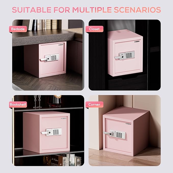 1.5 Cub Biometric Safe Box with Fireproof Bag, Quick-Access Fingerprint with Keys, Digital Keyboard, Type-C Port, Dual Alarm System Safety Box for Home, Office, Hotel Use(Pink)