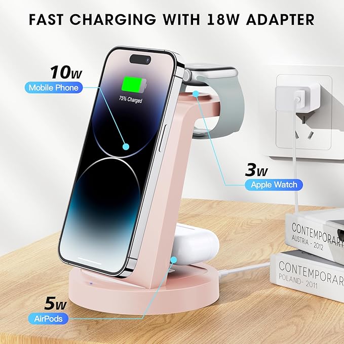 Anlmz 3 in 1 Charging Station for iPhone, Wireless Charger for iPhone 17 16e 16 15 14 13 12 11 X Pro Max & Apple Watch - Charging Stand Dock for AirPods (Pink)