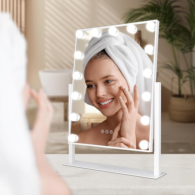 Zadro Hollywood Lighted Vanity Mirror with 15 LED Bulbs, 3 Color Light Settings, 360° Rotation Makeup Mirror Head (21" H x 18" W | 1X | White)