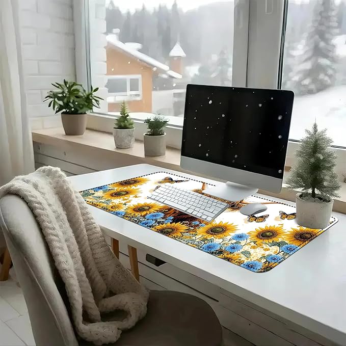 Heated Mouse Pad with 3 Temperature Settings(104°F–122°F),Large 31.5x13 Inch PU Leather Heated Desk Mat,Waterproof Warming Pad for Office,Gaming & Cold Hands Relief,Sunflower Cow