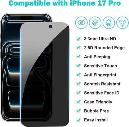 3 Pack for iPhone 17 Pro Screen Protector Privacy Full Cover Glass + 2 Camera Lens Protector 9H+ Tempered Glass Military Grade Shatterproof Anti Spy Bubble Free Auto installation Frame
