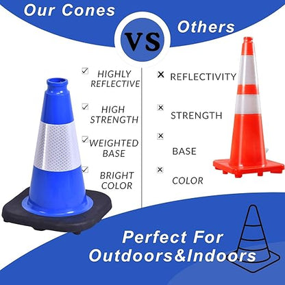 BESEA 4Pack 12 Inch Blue Traffic Cones with 4 Inch Reflective Collar, Heavy Duty PVC Safety Cones with 8.5 x 8.5 Inch Base for Parking, Driving Practice, Sports Training, and Construction
