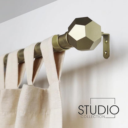1-1/8 Inch Diameter Champagne Gold Curtain Rod with Geometric Faceted Finials, 72-144'' Telescoping Single Curtain Rods for window width 68-140 inch, 1 pack