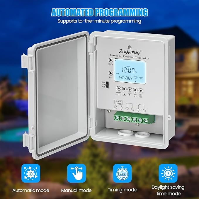 2-Circuit 30Amp Astronomic Electronic Time Switch, Automated Weekly Scheduling, to-The-Minute Programming, Built-in Rechargeable Lithium Battery, IP65 Waterproof, Supports 120-277 VAC