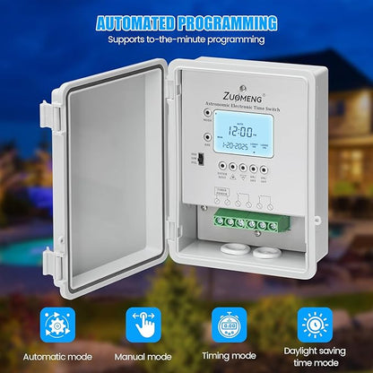2-Circuit 30Amp Astronomic Electronic Time Switch, Automated Weekly Scheduling, to-The-Minute Programming, Built-in Rechargeable Lithium Battery, IP65 Waterproof, Supports 120-277 VAC