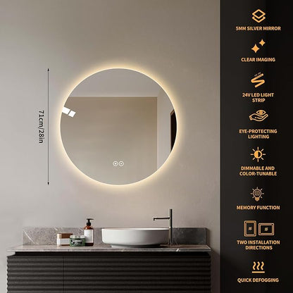 Round LED Bathroom Mirror with Light, Backlit Mirror for Bathroom, Frameless LED Smart Vanity Mirror with 3 Color Lights, Anti-Fog, Smart Touch Button, Shatter-Proof, IP65, 90+ CRI(28" L x 28" W)