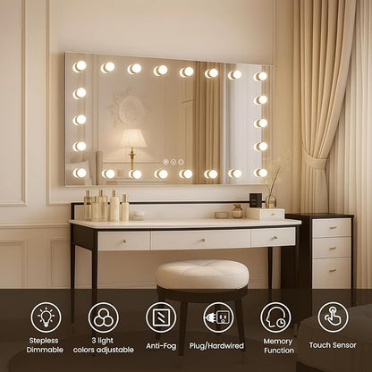 WTTY LED Bathroom Mirror with Lights 96"x36" Hollywood Wall-Mounted Mirror with 3 Color Temperatures, Stepless Dimmable Bulbs, Anti-Fog & Shatter-Proof