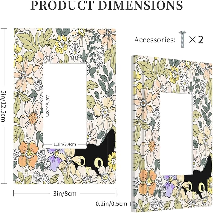 Decorative Outlet Covers Cute Black Cat in a Flower Patch Botanical Garden 1 Gang Rocker Light Switch Covers Single Decora GFCI Device Wall Plate for Bedroom Home Decor （2 Pack）