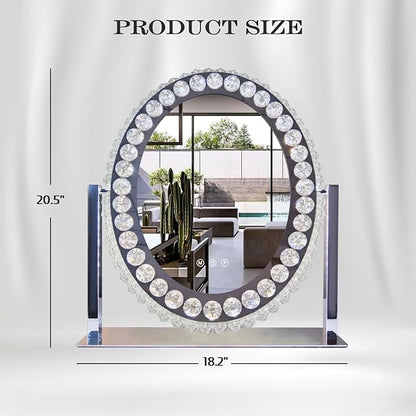 Hollywood Oval Crystal Vanity Mirror with Lights 3 Color Dimmable Large Oval Crystal Lighted Makeup Mirror for Tabletop Desk Vanity Mirror with Lights 360°Rotation Smart Crystal Oval LED Makeup Mirror