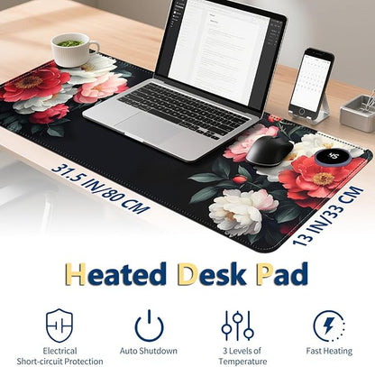 Heated Mouse Pad with 3 Temperature Settings(104°F–122°F),Large 31.5x13 Inch PU Leather Heated Desk Mat,Waterproof Warming Pad for Office,Gaming & Cold Hands Relief,Vintage Flowers