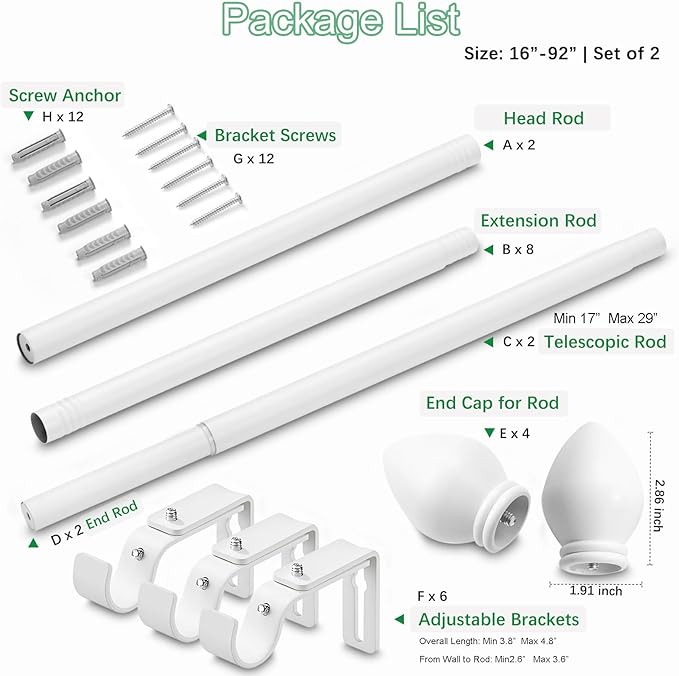 Curtain Rods for Windows 16 to 92 inches, Curtain Rod Max Adjustable Length to 104 in, Drapery Rod 1 inch Diameter with Modern Knobs Finials (White, 16" to 92" - Set of 2)