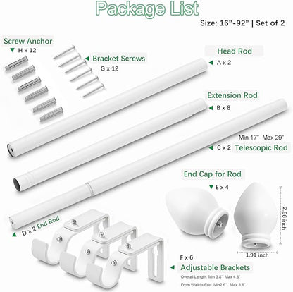 Curtain Rods for Windows 16 to 92 inches, Curtain Rod Max Adjustable Length to 104 in, Drapery Rod 1 inch Diameter with Modern Knobs Finials (White, 16" to 92" - Set of 2)