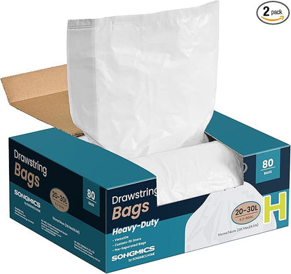 SONGMICS Trash Bags for 8-Gallon (30 L) Trash Cans, Drawstring Kitchen Garbage Bags, Pre-Separated, Quick-Dispense Box, Liner Code H, 2 Rolls, 80 Count, White UKRB031A02