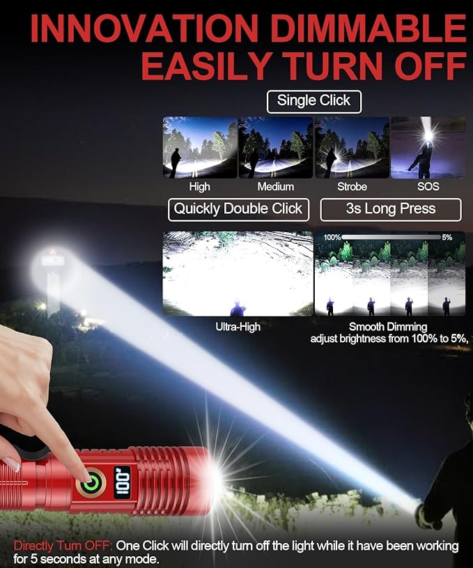 Rechargeable Flashlight High Lumens- Super Bright Magnetic Flash Light with Power Digital Display,Long Range,Dimmable,Waterproof,Pocket LED Flashlights for Emergency Camping 2PC Red