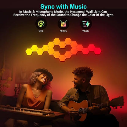 Hexagon LED Lights 12 Pack - RGB Wall Panels with Music Sync, Smart App & Remote Control, DIY Modular Hex Light for Gaming Room, Bedroom, Living Room, Wall Decor