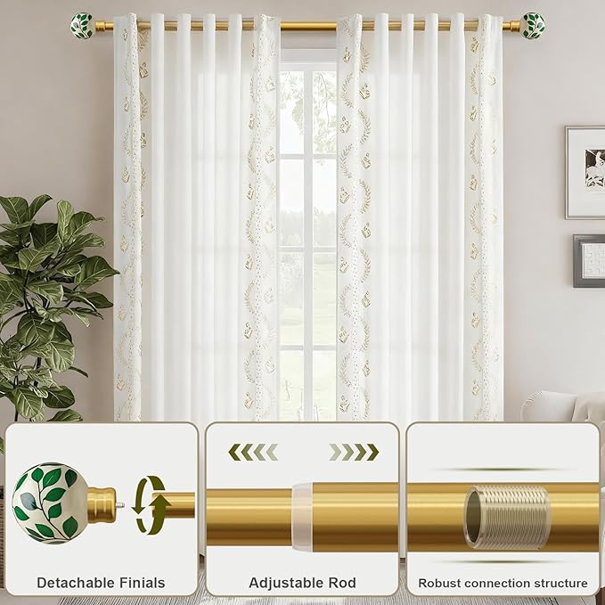 Ceramic Gold Curtain Rods for Windows 28 to 48 Inches Adjustable Length Heavy Duty 1" Diameter Window Curtain Rod with Modern Green Leaf Pattern Decorative Finials for Bedroom Living Room Kitchen