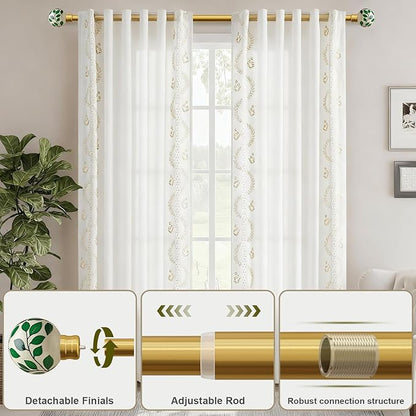 Ceramic Gold Curtain Rods Set of 2 for Windows 66 to 120 Inches Adjustable Length Duty 1" Diameter Window Curtain Rod with Modern Green Leaf Pattern Decorative Finials for Bedroom Living Room Kitchen