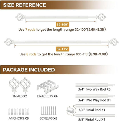 KAMANINA Curtain Rods for Windows 66 to 120 Inch, 3/4 Inch White Curtain Rod 32 to 115 Inches (2.6-9.6ft) Splicing Adjustable Single Drapery Rod with Twisted Cage Finial