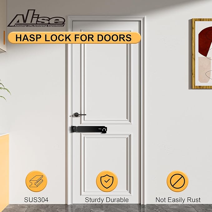 Alise Door Locks Hasp Latch,10 Inch SUS 304 Stainless Steel Safety Packlock Clasp Hasp Lock Latch,with Fixing Screw for External Doors Window Cabinet Pet Cage, Black MS9B-10C