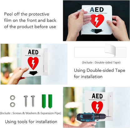 Faittoo AED Sign, AED Automated External Defibrillator with Down Arrow Sign, 6x6 Inches 90D Projection - Acrylic, 2 Pre-Drilled Holes, Includes Matching Screws, Use for Home Office/Business, 2 Pack