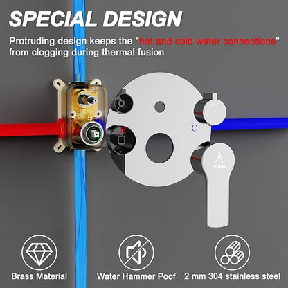 Shower Faucet Set 10IN Brass Rough-In Valve Body Trim Kit Rainfall Included Handle Accessories Complete 2 Functions with Rain Head and Handheld Bathroom Systems (10'', Chrome Polished)