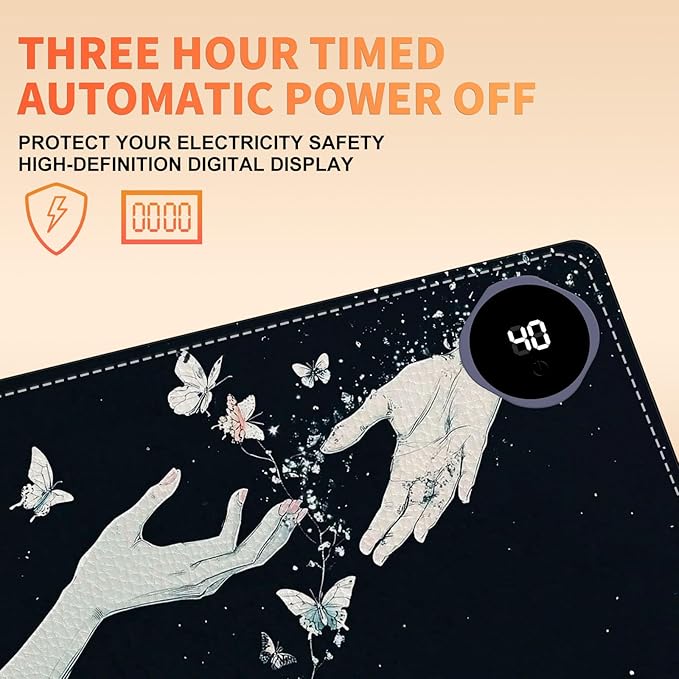 Heated Mouse Pad 23.6 x 14 in 3-Temp Fast Heating Desk Mat with Auto Timer Warmer for Hands Wrist Pain Relief Waterproof Keyboard Mat for Office, Gaming, Home, Butterfly Hands Art