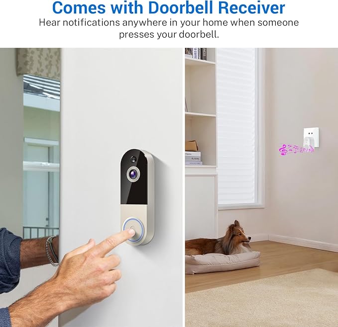 Wireless Doorbell Camera with Rechargeable Battery, 1080P Resolution, 2-Way Audio, Night Vision, AI Human Detection, Cloud Storage, 2.4G WiFi