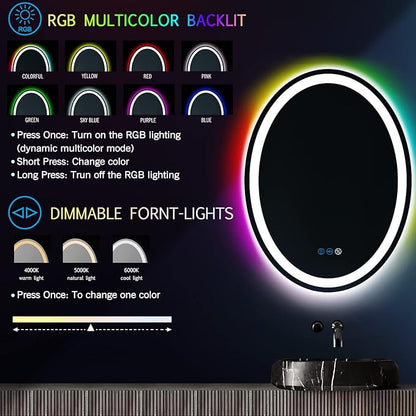 THEKLA 20 x 30 Inch LED Oval Mirror with 3 Color Front Lights + RGB Rainbow Color Changing Backlit Oval Lighted Vanity Mirror for Bathroom Wall Dimmable AntiFog 30in Ovals Smart Light up Mirrors