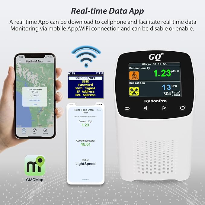 GQ Radon Detector Radon Pro 2-in-1 Radon Monitor Nuclear Radiation Detector Geiger Counter simultaneously Detection Fast Accurate Color Simple Display Made in USA