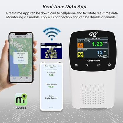 GQ Radon Detector Radon Pro 2-in-1 Radon Monitor Nuclear Radiation Detector Geiger Counter simultaneously Detection Fast Accurate Color Simple Display Made in USA