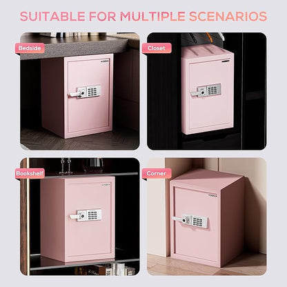 2.0 Cub Biometric Safe Box with Fireproof Bag, Quick-Access Fingerprint with Keys, Digital Keyboard, Type-C Port, Dual Alarm System Safety Box for Home, Office, Hotel Use(Pink)