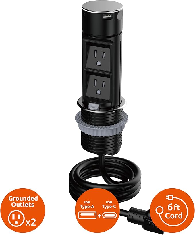 Link2Home Pop Up Outlet with 2 AC Power Outlets, 2 USB A/C Ports, 2.4A Fast Charge, Splash Resistant, Stainless Steel Retractable Socket for Kitchen Counter or Desk