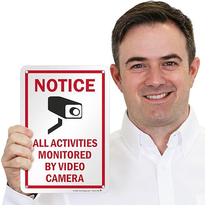 SmartSign 10 x 7 inch “Notice - All Activities Monitored By Video Camera” Metal Sign, 40 mil Laminated Rustproof Aluminum, Red, Black and White, Made in USA