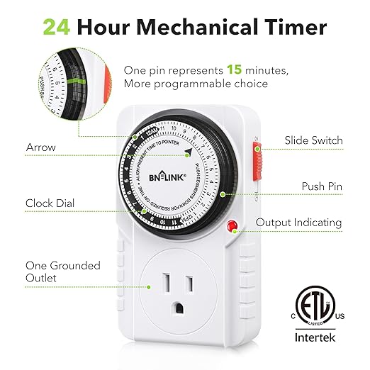 BN-LINK 24 Hour Plug-in Mechanical Timer Grounded for Aquarium, Grow Light, Hydroponics, Indoor Lighting, Home Appliances, ETL Listed 125VAC, 60 Hz, 1875W, 15A, 1/2HP (2 Pack)