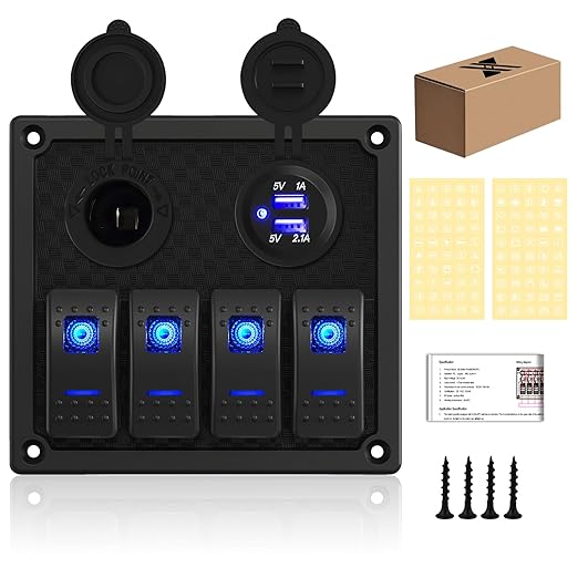 4 Gang Rocker Switch Panel - Multi-Function LED On-Off Switch with 3.1A Dual USB Charger, Waterproof Marine Switch Panel for Automotive Cars, Boats, RVs, SUVs