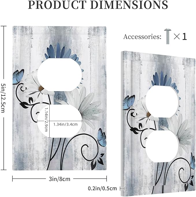 Decorative Outlet Covers Rustic Blue White Daisy Ink Flower 1 Gang Duplex Light Switch Cover Plate Unique Wall Plates for Electrical Outlets Switch Plate Covers for Bedroom Home Decor