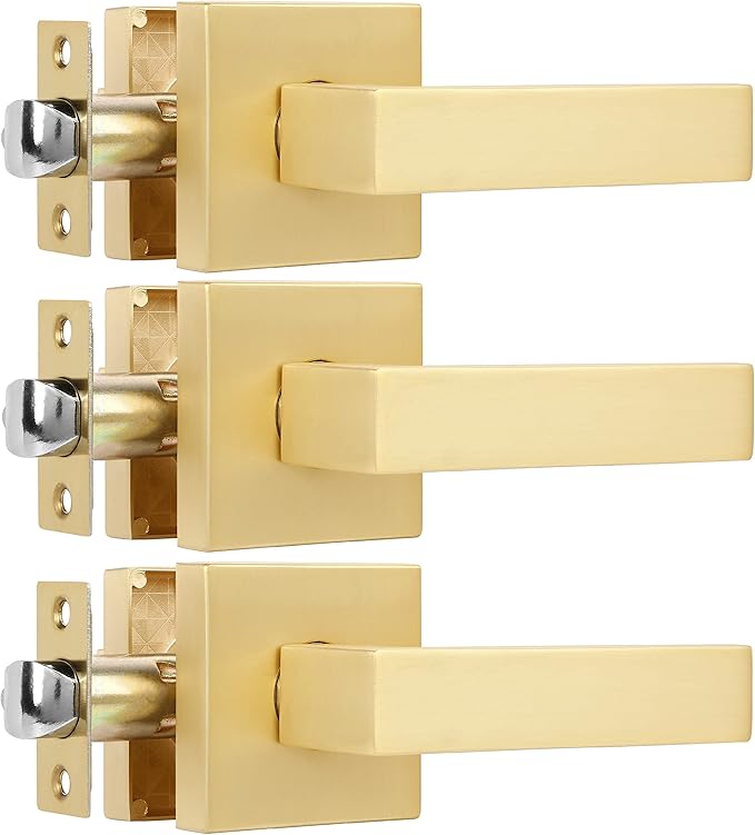3 Pack Heavy Passage Door Handle Keyless Square Brushed Brass Closet Door Knobs with Modern Contemporary Design for Hallway or Closet