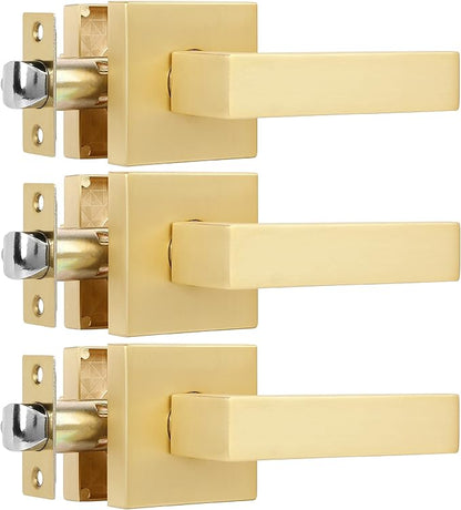 3 Pack Heavy Passage Door Handle Keyless Square Brushed Brass Closet Door Knobs with Modern Contemporary Design for Hallway or Closet