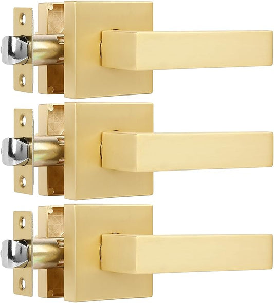 3 Pack Heavy Passage Door Handle Keyless Square Brushed Brass Closet Door Knobs with Modern Contemporary Design for Hallway or Closet