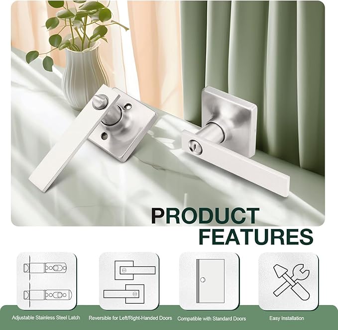 GOBEKOR 10 Pack Privacy Door Handles with Lock, Brushed Nickel Interior Keyless Lever for Bedroom and Bathroom