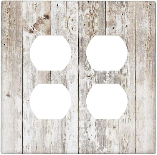 Vintage Light Wood Retro Rustic White Gray Oak Print Outlet Covers 2 Gang Double Duplex Decorative Light Switch Covers Electrical Wallplates Socket Faceplate for Farmhouse Home Decor