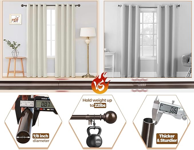 KAMANINA 2 Pack Curtain Rods for Windows 48 to 84 Inch (4-7ft), 7/8 Inch Single Heavy Duty Window Curtain Rod Adjustable Decorative Drapery Rods with Round End, Antique Bronze